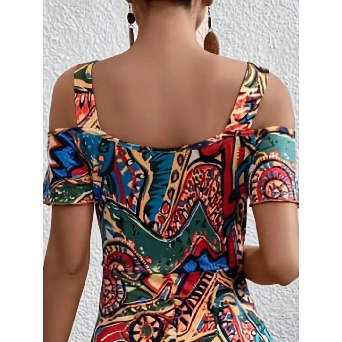 Kadın Omuzlardan Açıl Askılı Desenli Süprem Elbise