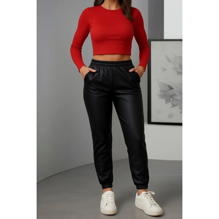 Kadın Paçası Lastikli Cep Detaylı Deri Tayt