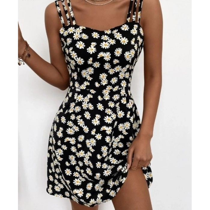 Kadın Papatya Desen Mikro Kumaş Askılı Elbise