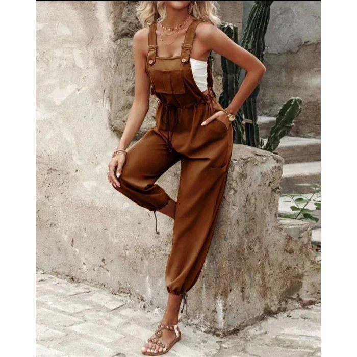 Kadın Poplin Kumaş Likralı Askılı Tulum