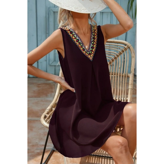 Kadın Sıfır Kol şerit Detaylı V Yaka Viskon Elbise