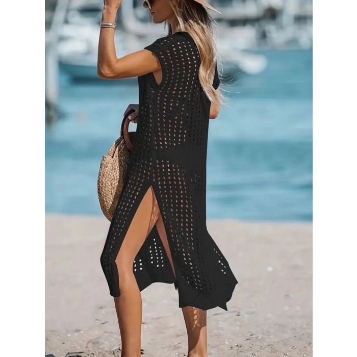 Kadın Sıfır Kol V Yaka Yanı Derin Yırtmaçlı Midi Boy Triko Elbise