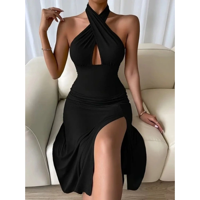 Kadın Sırt Dekolteli Boyun çapraz Yakalı Yırtmaç Detay Midi Sandy Elbise