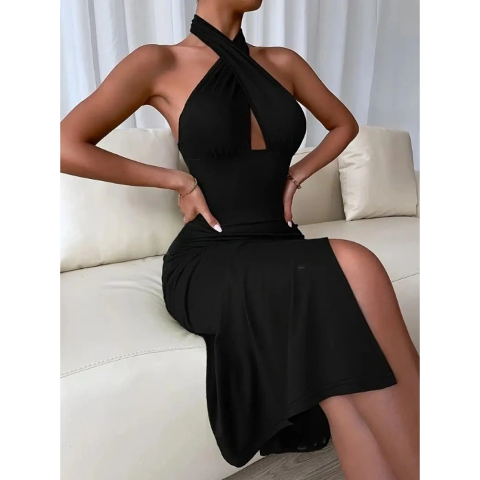 Kadın Sırt Dekolteli Boyun çapraz Yakalı Yırtmaç Detay Midi Sandy Elbise