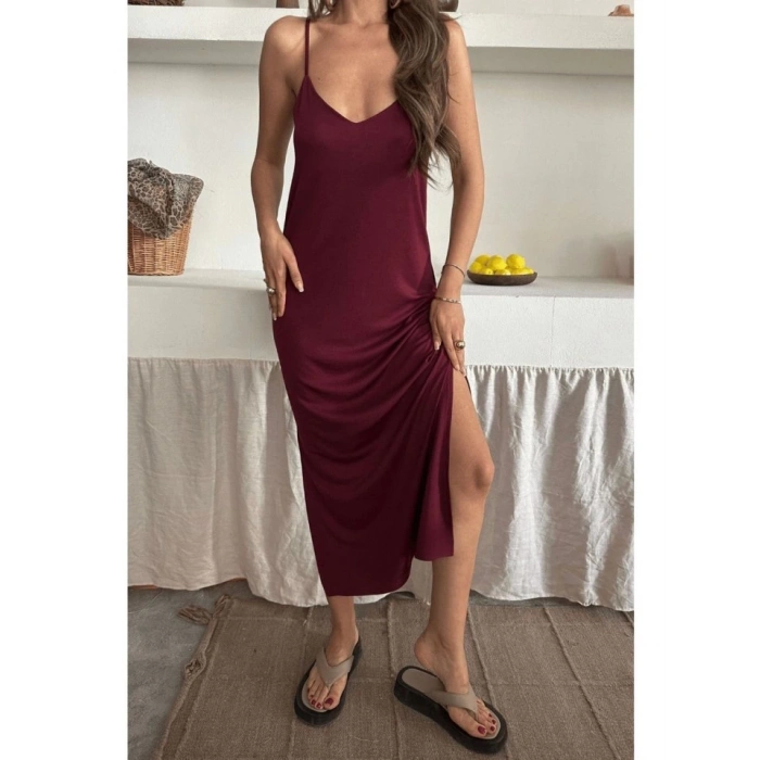 Kadın Siyah Asansör Askılı Çift Yırtmaçlı Helen Elbise