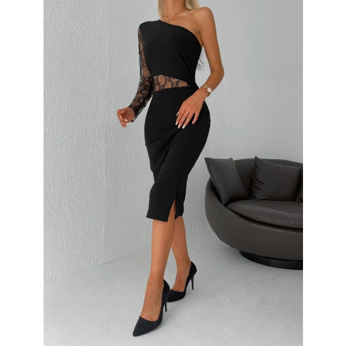 Kadın Siyah Tek Kol Dantel Detay Omuz Dekolte Krep Elbise