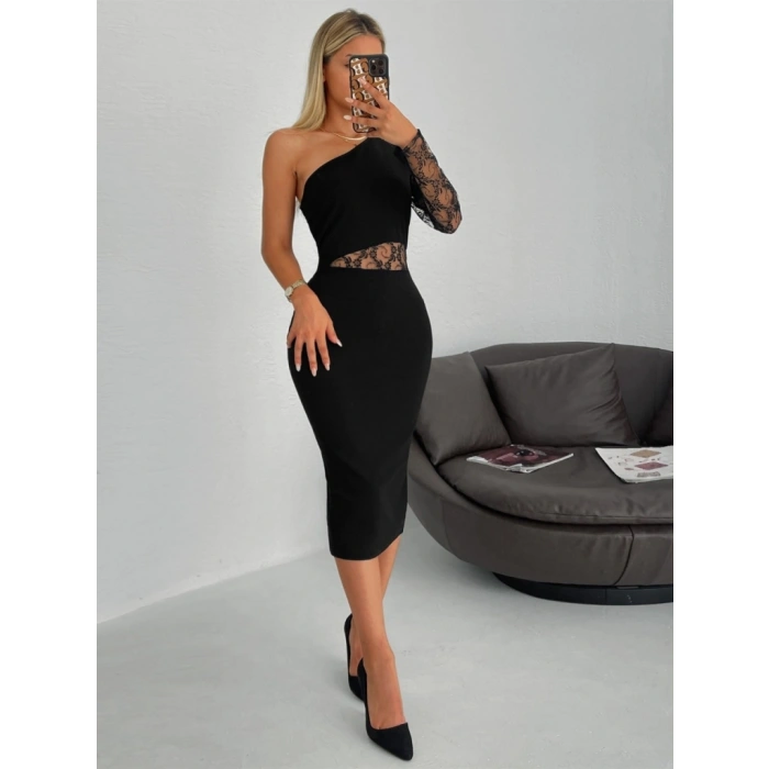 Kadın Siyah Tek Kol Dantel Detay Omuz Dekolte Krep Elbise