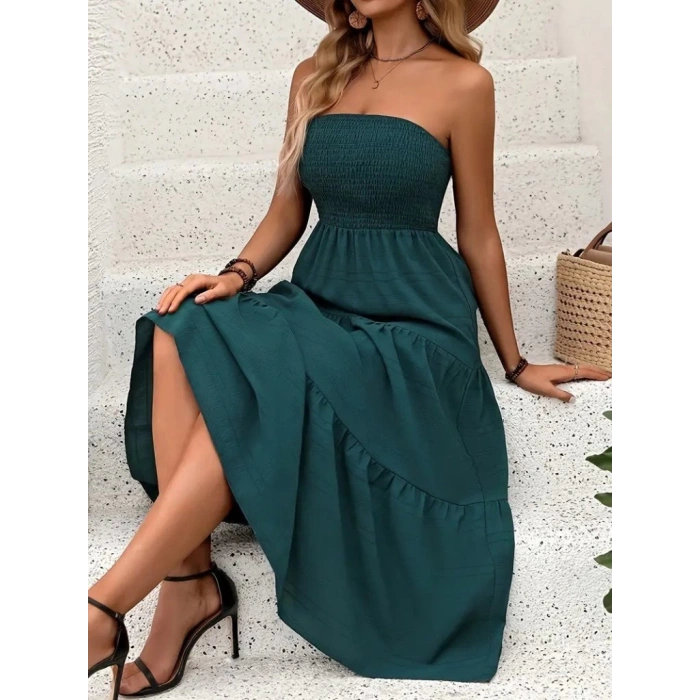 Kadın Straplez Göğüsten Lastikli Kloş Aerobin Uzun Elbise