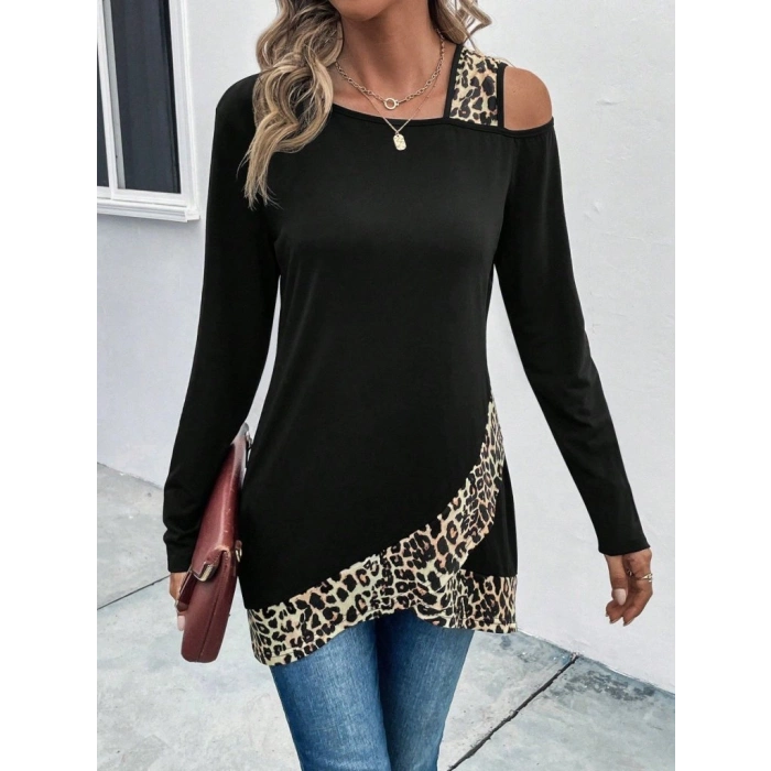 Kadın Tek O Uzdan Açık Askılı Uzun Kollu Leopar Detaylı Viskon Bluz