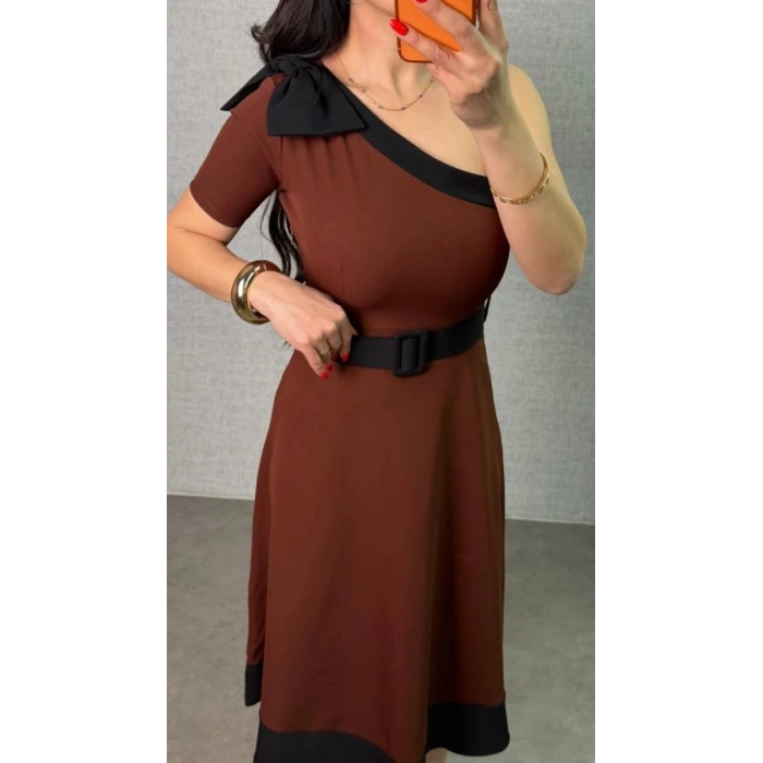 Kadın Tek Omuz Fiyonk Detaylı Midi Boy Elbise