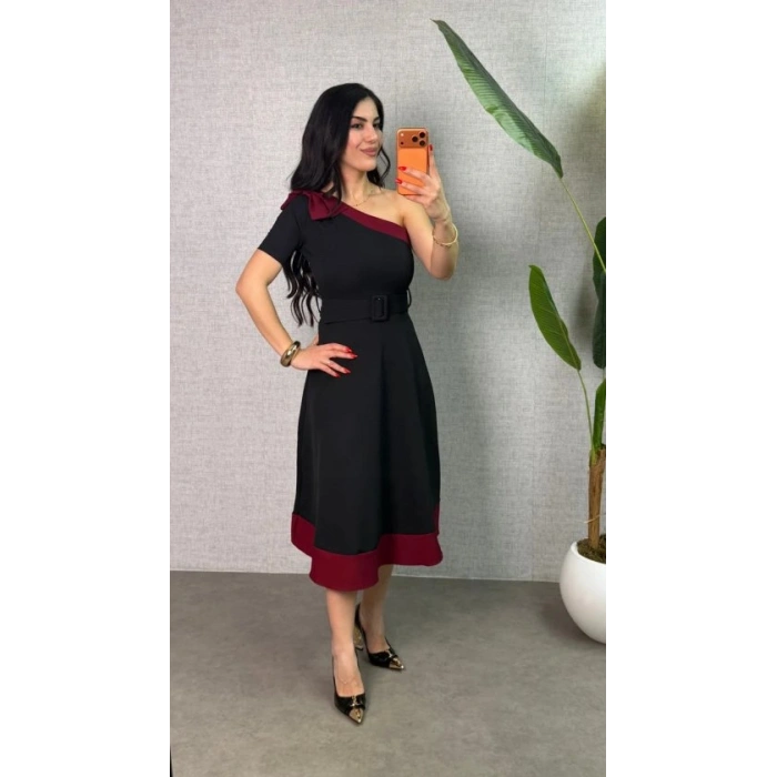 Kadın Tek Omuz Fiyonk Detaylı Midi Boy Elbise