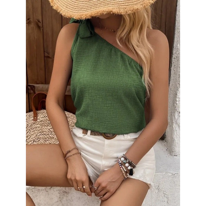 Kadın Tek Omuzdan Askılı Bağcıklı Keten Bluz