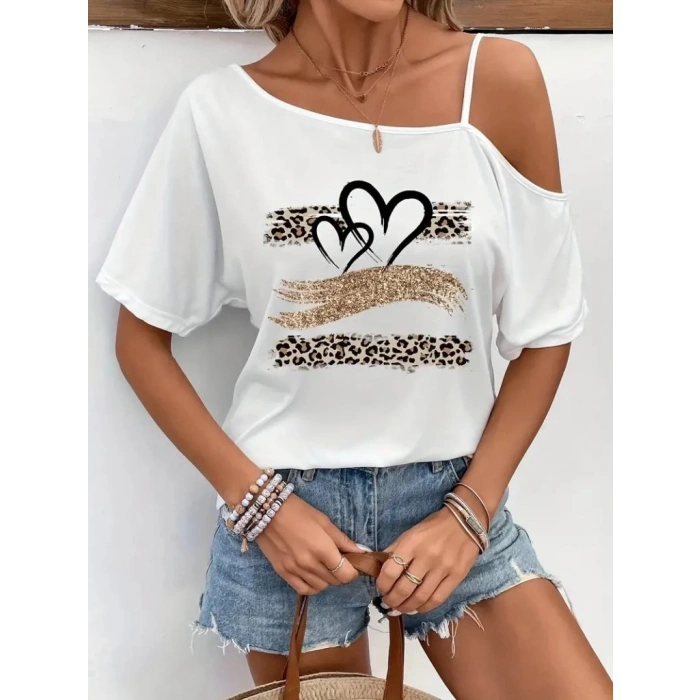 Kadın Tek Omuzu Açık Ip Askılı Baskılı Viskon Bluz