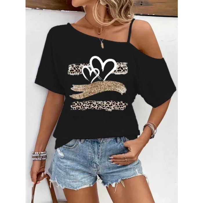 Kadın Tek Omuzu Açık Ip Askılı Baskılı Viskon Bluz