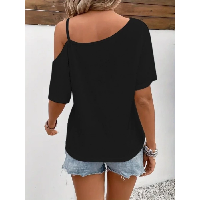 Kadın Tek Omuzu Açık Ip Askılı Baskılı Viskon Bluz