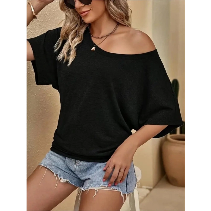 Kadın Tek Omuzu Açık Kısa Kollu Salaş Viskon Bluz