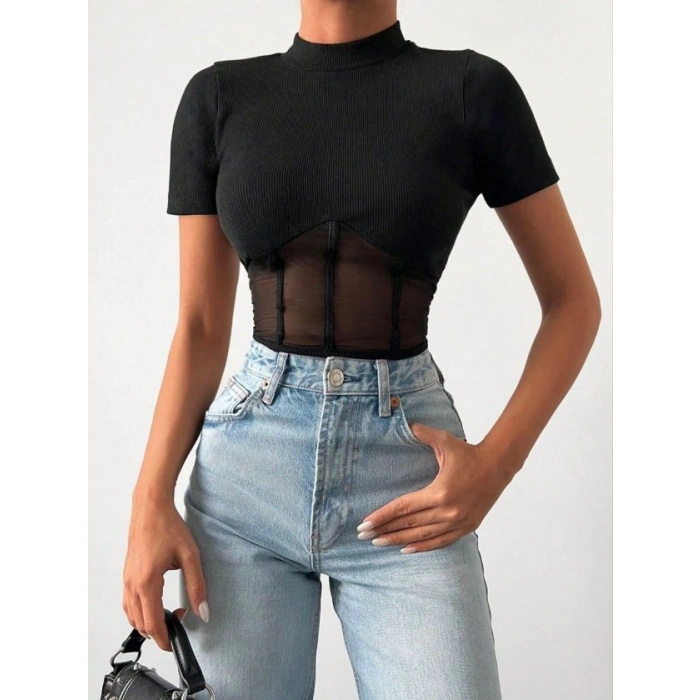 Kadın Transparan Detay Kısa Kol Kaşkorse Bluz