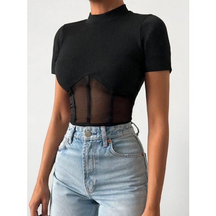 Kadın Transparan Detay Kısa Kol Kaşkorse Bluz