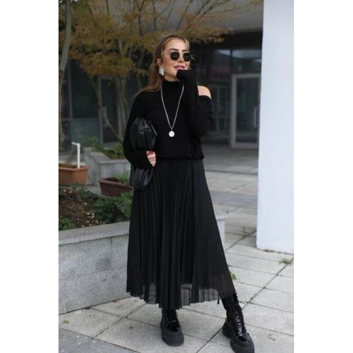 Kadın Triko Plise Ve Tül Detay Iki Parça Elbise