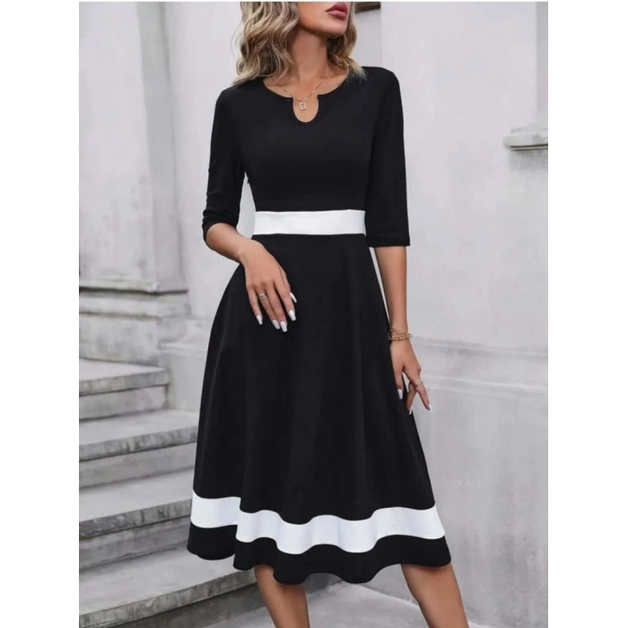 Kadın Truvakar Kol V Yakalı Janjan Krep Midi Elbise