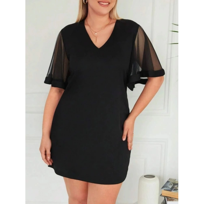 Kadın Tüllü Kısa Kollu V Yaka Krep Elbise