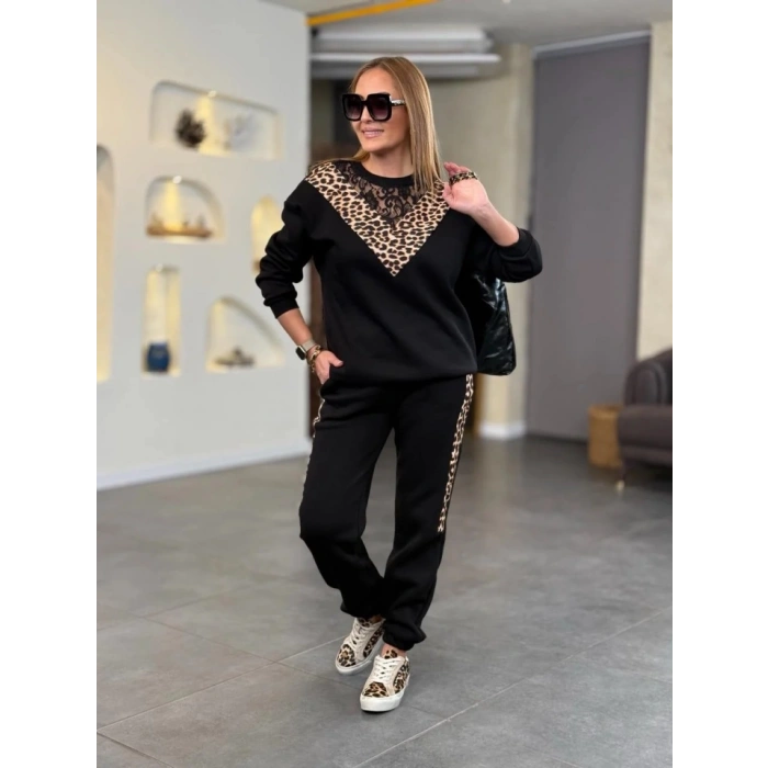 Kadın üç Iplik Kumaş Leopar Desenli Dantel Detaylı Ikili Takım