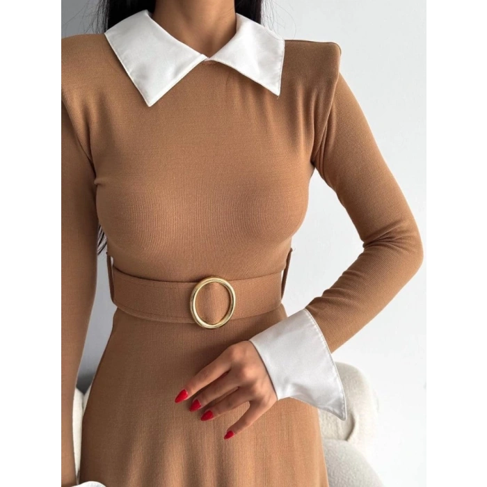 Kadın Uzun Kol Gömlek Yaka Ve Vatka Detay Kemer Dahil Midi Boy Elbise