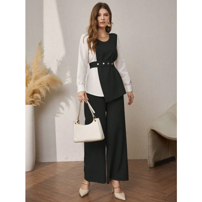 Kadın Uzun Kollu Açık Yakalı çift Renkli Kemerli Ithal Krep Ikili Takım