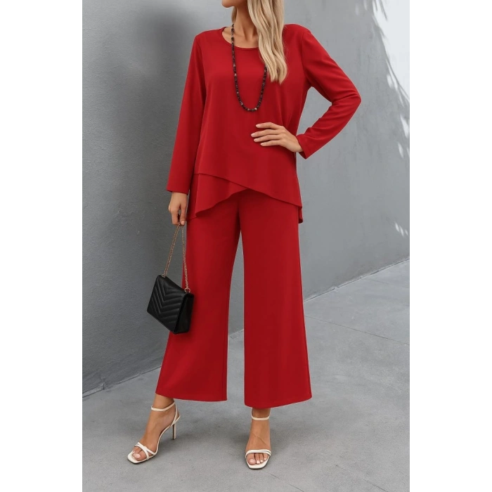 Kadın Uzun Kollu Asimetrik Detaylı Salaş Sandy Bluz Ve Pantolon Ikili Takım