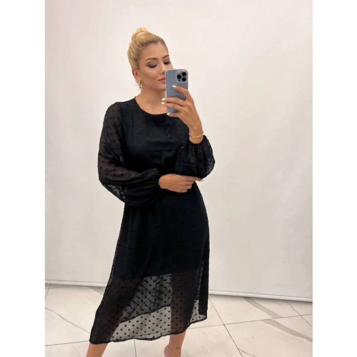 Kadın Uzun Kollu Astar Detay Fırsat ürün Ponpon şifon Elbise