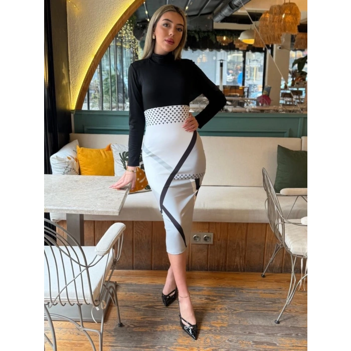 Kadın Uzun Kollu Balıkçı Yaka Dalgıç Midi Boy Elbise