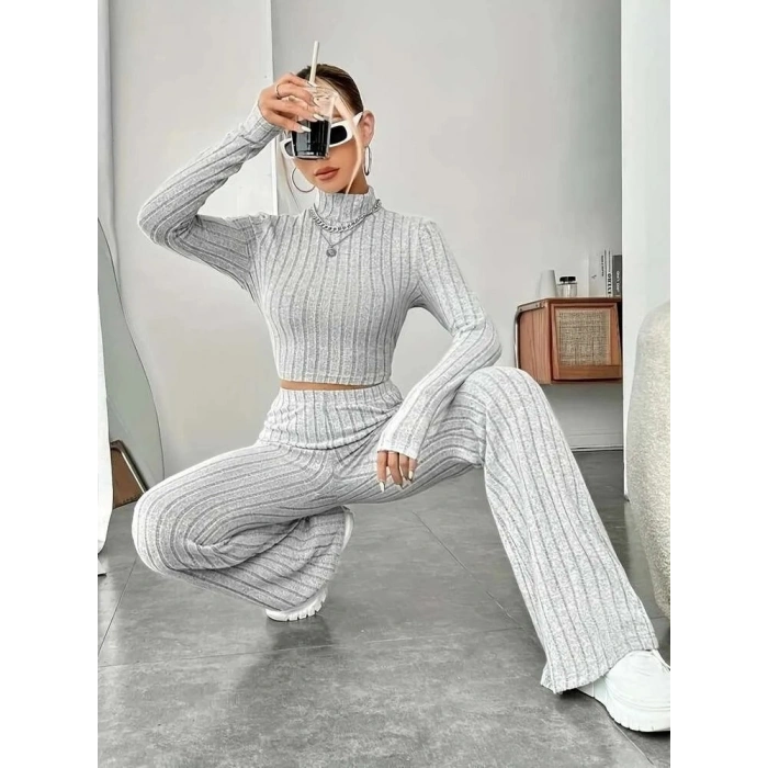 Kadın Uzun Kollu Balıkçı Yaka Krop Ve Pantolon şardonlu Kaşkorse Ikili Takım