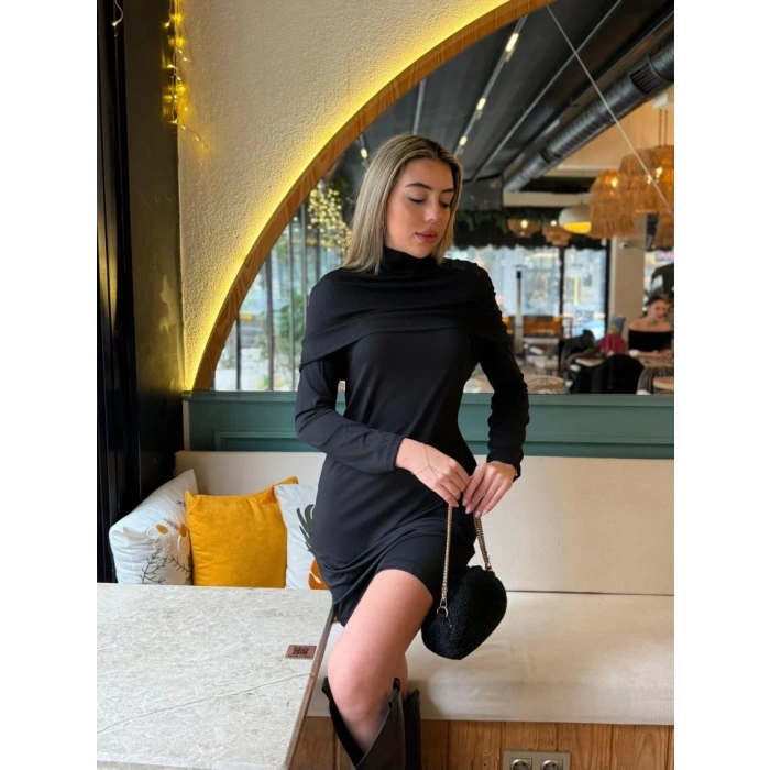 Kadın Uzun Kollu Balıkçı Yaka Omuz Katlamalı Dalgıç Kısa Elbise