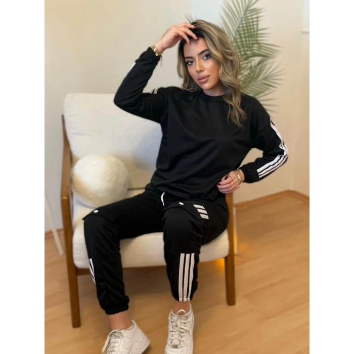 Kadın Uzun Kollu Beyaz şerit Detay Kargo Cep Iki Iplik Ikili Takım