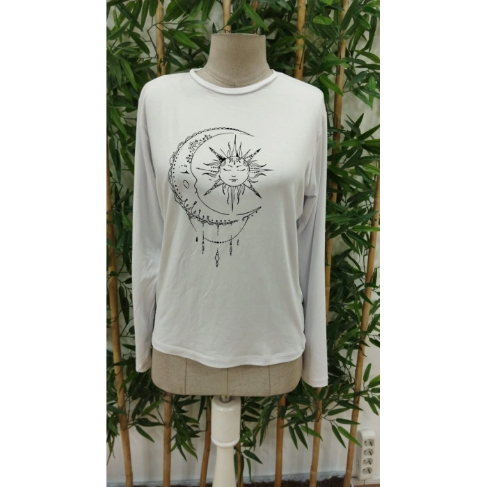 Kadın Uzun Kollu Bisiklet Yaka Ay Baskılı Viskon Bluz