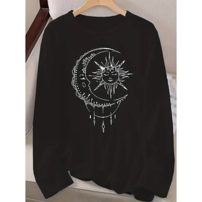 Kadın Uzun Kollu Bisiklet Yaka Ay Baskılı Viskon Bluz