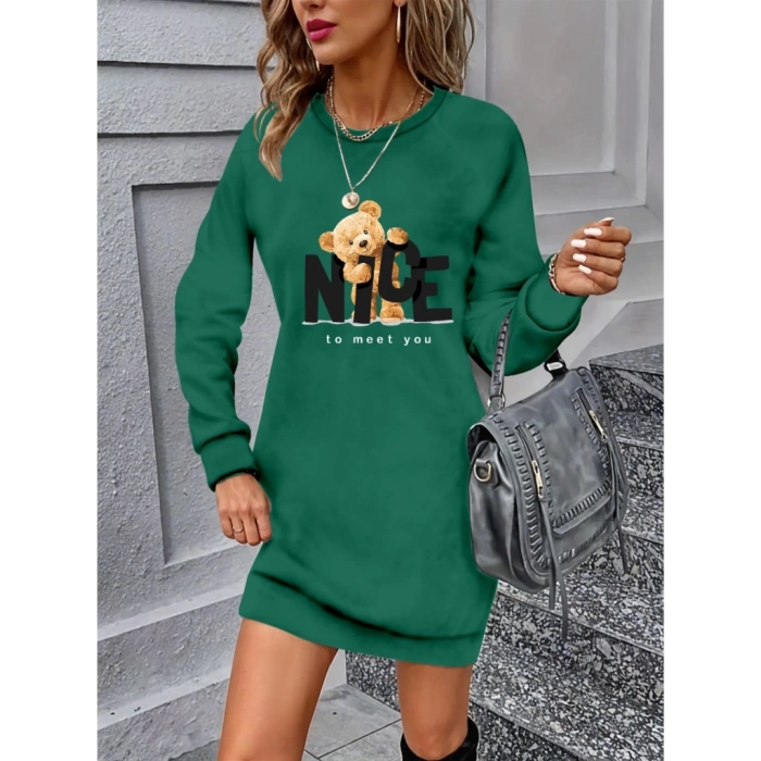 Kadın Uzun Kollu Bisiklet Yaka Ayı Desenli Viskon Iki Iplik Elbise