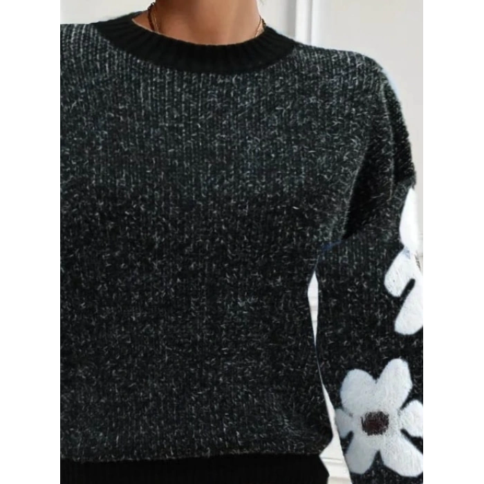 Kadın Uzun Kollu Bisiklet Yaka çiçek Desenli Triko Bluz