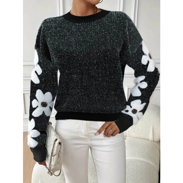 Kadın Uzun Kollu Bisiklet Yaka çiçek Desenli Triko Bluz