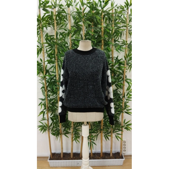 Kadın Uzun Kollu Bisiklet Yaka çiçek Desenli Triko Bluz