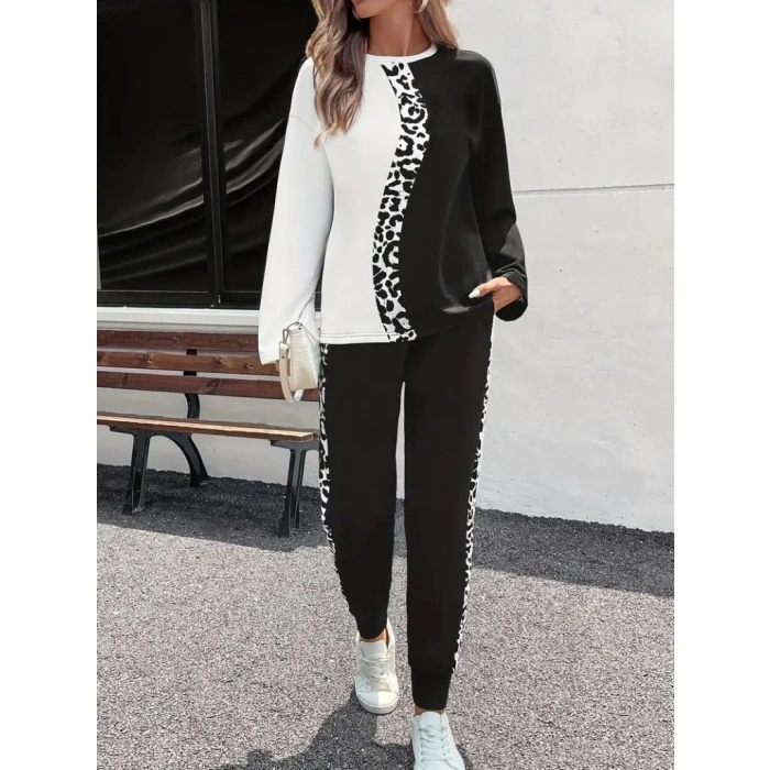 Kadın Uzun Kollu Bisiklet Yaka çift Renkli Viskon Iki Iplik Bluz Ve Pantolon Ikili Takım