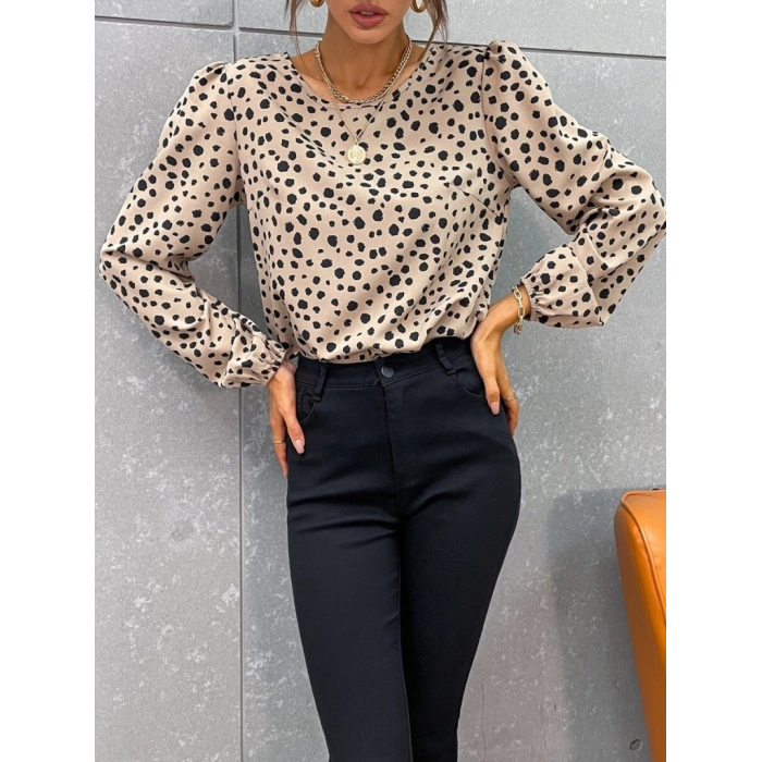 Kadın Uzun Kollu Bisiklet Yaka Desenli Bluz