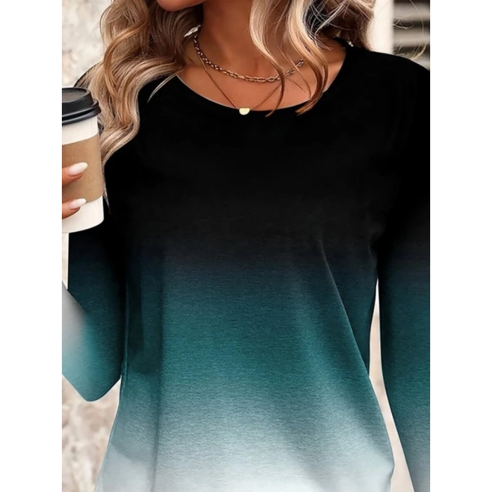 Kadın Uzun Kollu Bisiklet Yaka Desenli Süprem Bluz