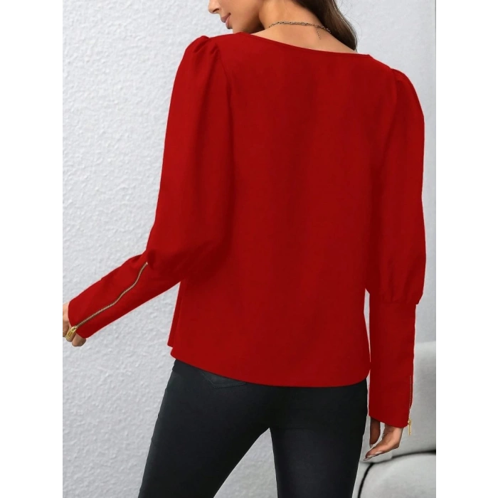 Kadın Uzun Kollu Bisiklet Yaka Fermuar Detaylı Ithal Krep Bluz