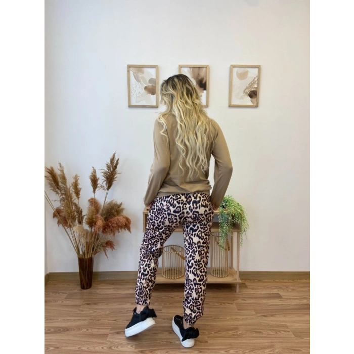 Kadın Uzun Kollu Bisiklet Yaka Kalp Leopar Baskılı Alt Ve üst Dalgıç Ikili Takım