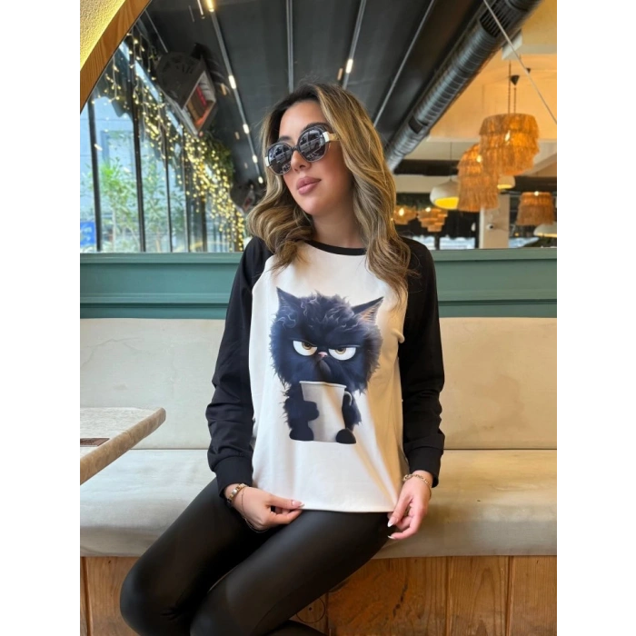 Kadın Uzun Kollu Bisiklet Yaka Kedi Baskılı şardonlu Dalgıç Bluz
