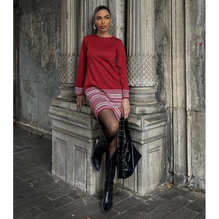 Kadın Uzun Kollu Bisiklet Yaka Kol Ağzı Ve Etek Ucu Baskılı Iki Iplik Elbise