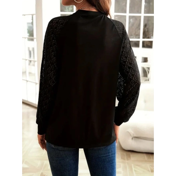 Kadın Uzun Kollu Bisiklet Yaka Kollar Dantel önü çizgi Detaylı Viskon Bluz