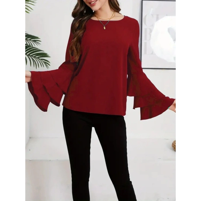 Kadın Uzun Kollu Bisiklet Yaka Kollar İspanyol Volanlı Sandy Bluz