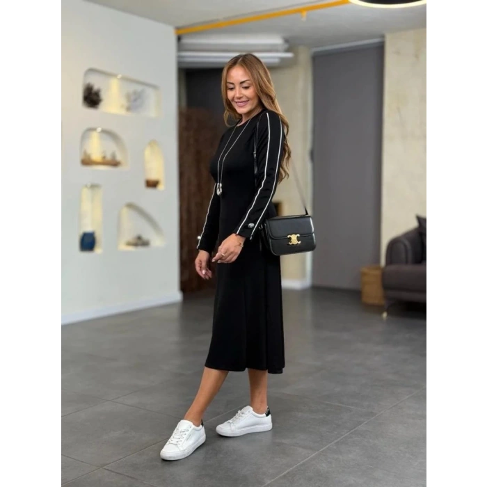 Kadın Uzun Kollu Bisiklet Yaka Midi Modal Elbise